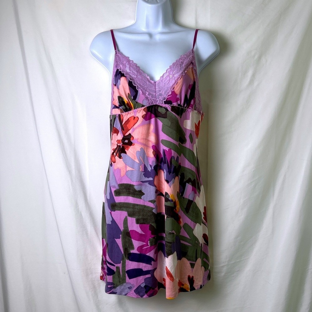 Linea Donatella Womens Floral Lace Trim Chemise Slip Dress Size M Purple Multi